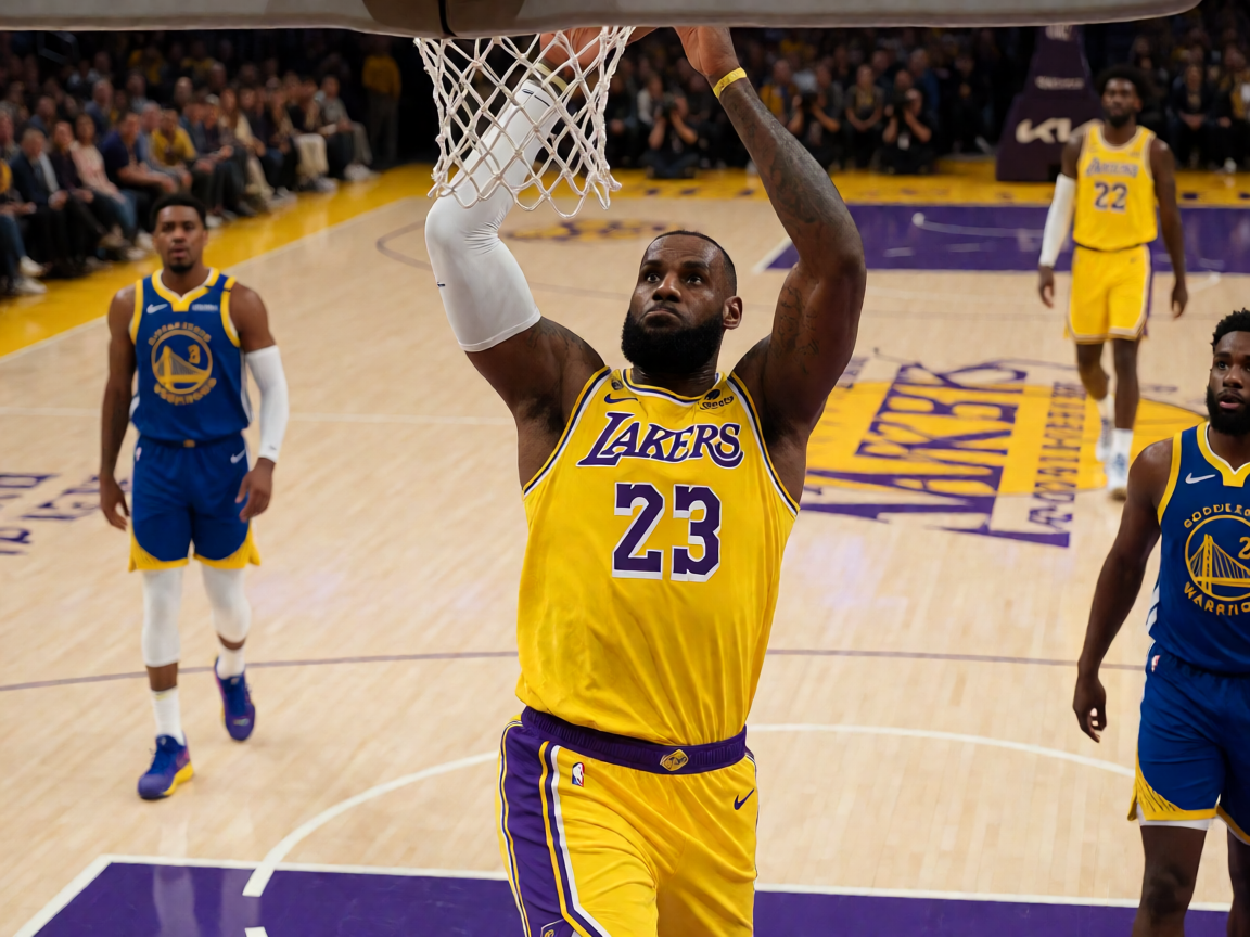 NBA常规赛湖人队比赛现场，球员在空中完成扣篮瞬间